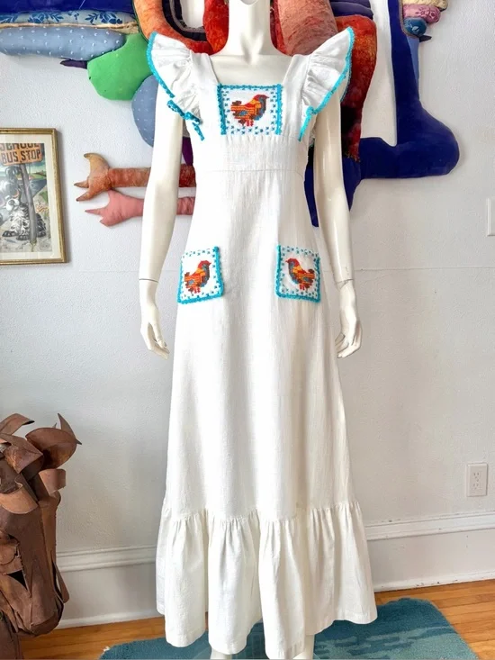 Vintage YOUNG EDWARDIAN DRESS Pinafore Ruffles Embroidered Birds 1970s Boho XS/S - Picture 8 of 11